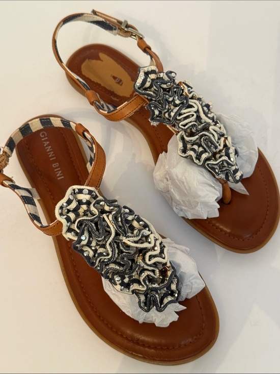 Gianni Bini Shoes - Gianni Bini Tan Brown Sandals with Black & White Ruffle Accents